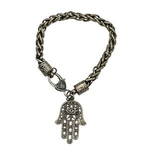 Hamsa Hand Charm Evil Eye Bracelet Silver Tone Braided Chain‎ Heart Clasp Womens